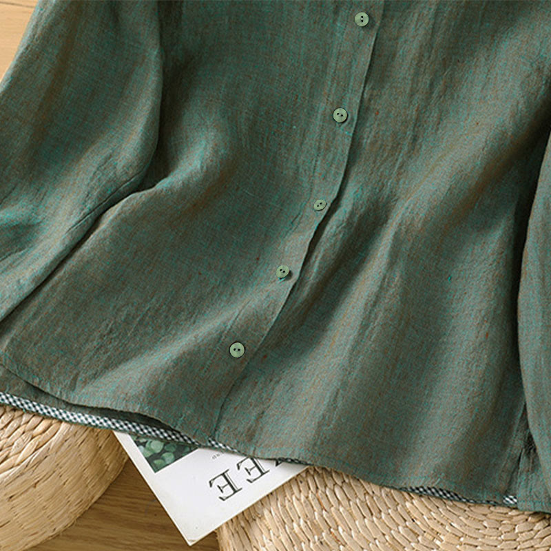 Buddha Stones Spring Solid Color Buttons Design Ruffled Crew Neck Women's Shirt - image 4