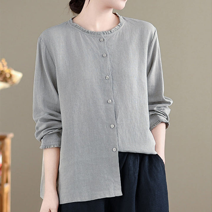 Buddha Stones Spring Solid Color Buttons Design Ruffled Crew Neck Women's Shirt - image 7