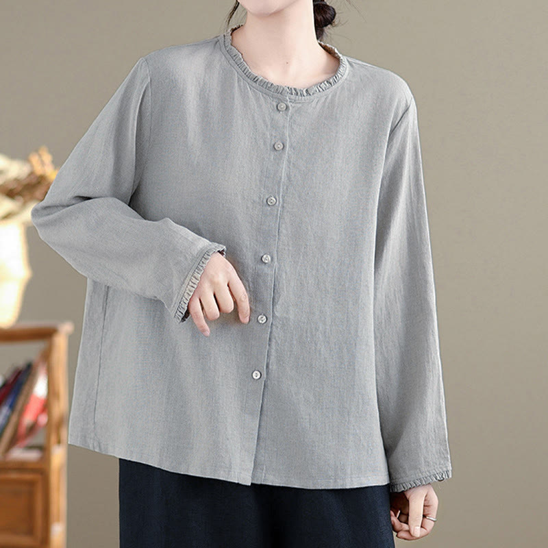 Buddha Stones Spring Solid Color Buttons Design Ruffled Crew Neck Women's Shirt - image 10