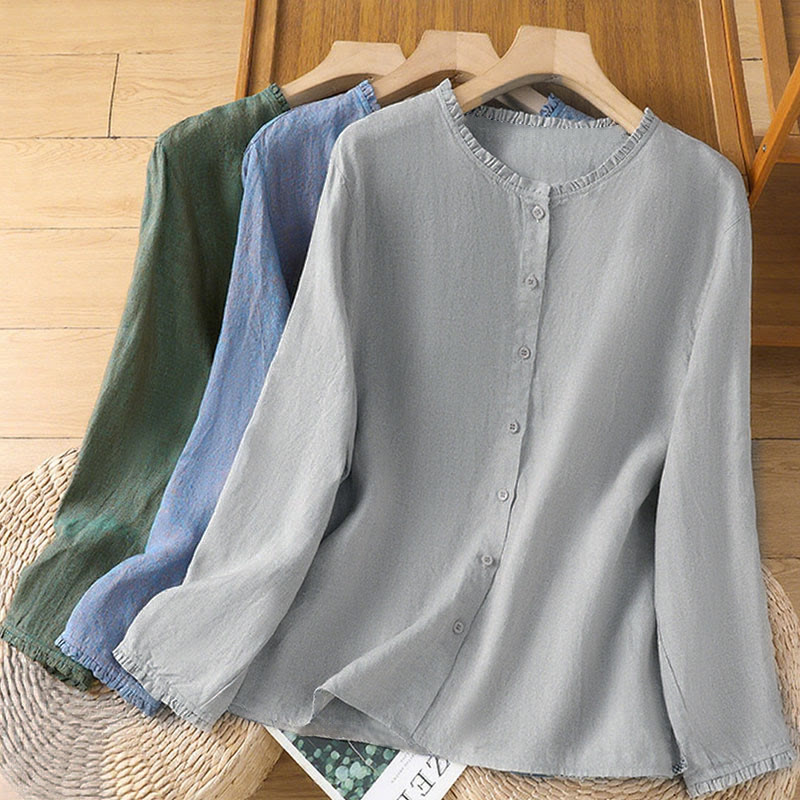 Buddha Stones Spring Solid Color Buttons Design Ruffled Crew Neck Women's Shirt - image 19