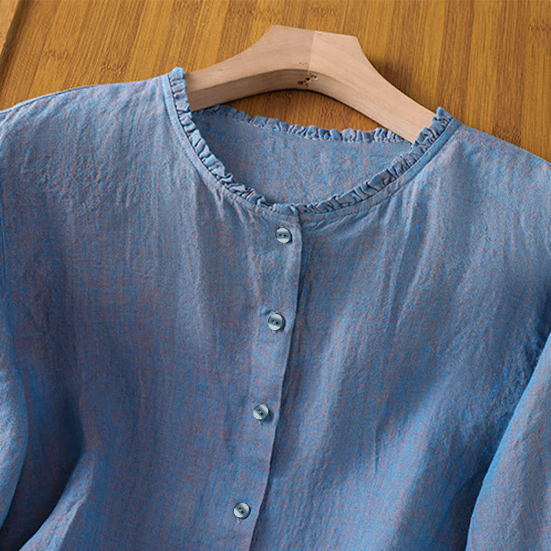 Buddha Stones Spring Solid Color Buttons Design Ruffled Crew Neck Women's Shirt - image 17