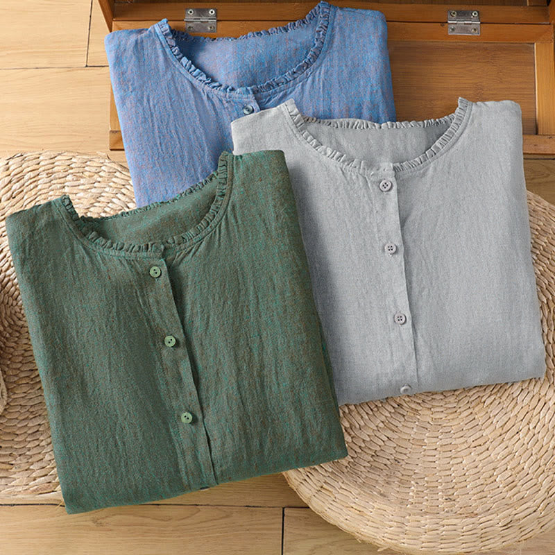 Buddha Stones Spring Solid Color Buttons Design Ruffled Crew Neck Women's Shirt - image 20