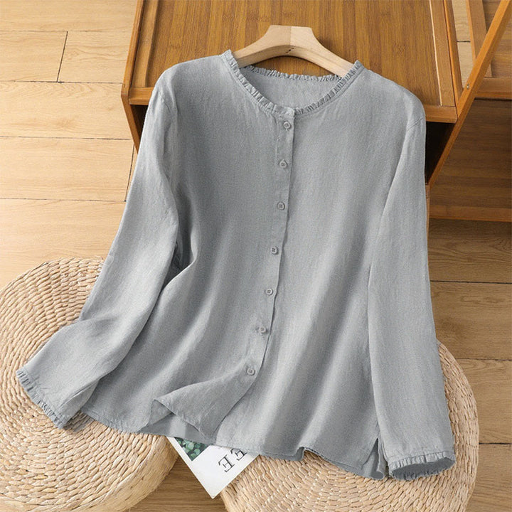 Buddha Stones Spring Solid Color Buttons Design Ruffled Crew Neck Women's Shirt - Silver - US14，UK/AU18，EU46 (2XL) - image 5
