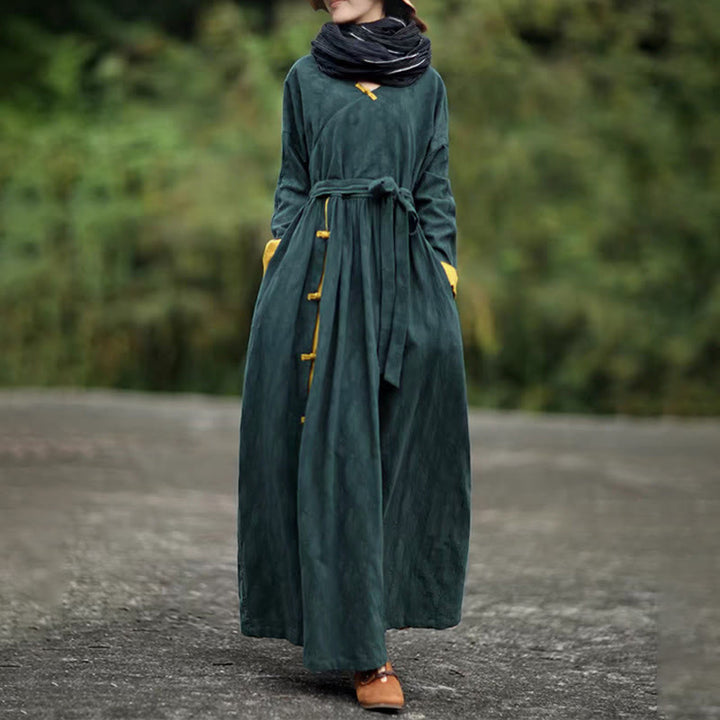 Buddha Stones Frog-Button Plain V-Neck Long Sleeve Cotton Midi Dress With Pockets - image 3