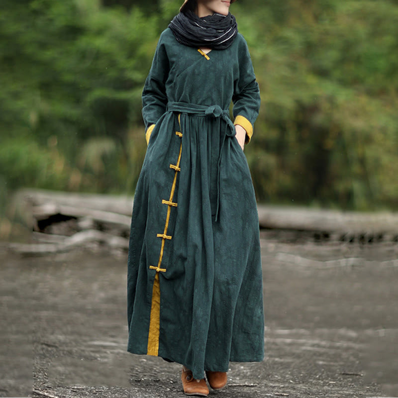 Buddha Stones Frog-Button Plain V-Neck Long Sleeve Cotton Midi Dress With Pockets - image 2