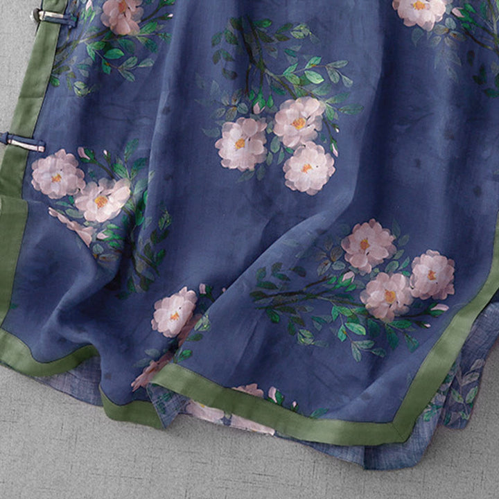 Buddha Stones Frog-Button Orchid Pomegranate Flowers Pattern Side Slit Design Half Sleeve Midi Dress - image 15
