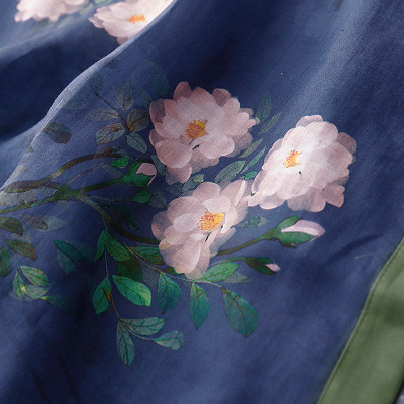 Buddha Stones Frog-Button Orchid Pomegranate Flowers Pattern Side Slit Design Half Sleeve Midi Dress - image 19