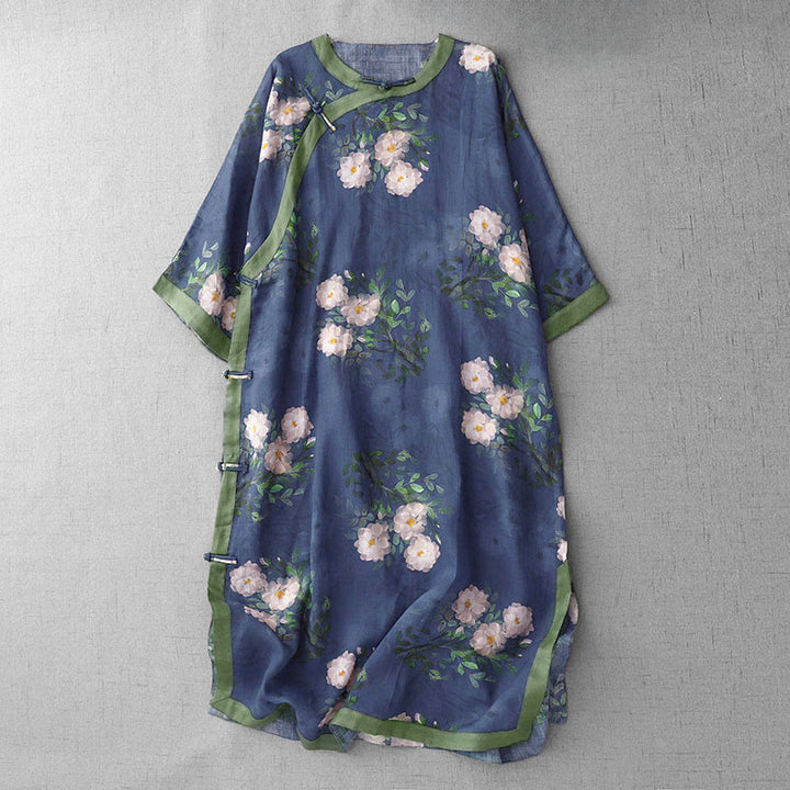 Buddha Stones Frog-Button Orchid Pomegranate Flowers Pattern Side Slit Design Half Sleeve Midi Dress - DarkBlue - US12，UK/AU16，EU44 (2XL) - image 13