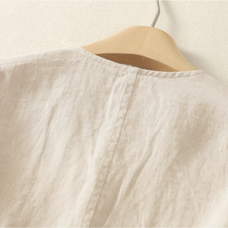 Buddha Stones Summer Solid Color V-Neck Buttons Simple Design Women's Short Sleeve Shirt - image 7