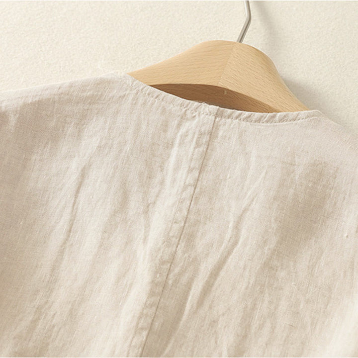 Buddha Stones Summer Solid Color V-Neck Buttons Simple Design Women's Short Sleeve Shirt - image 7