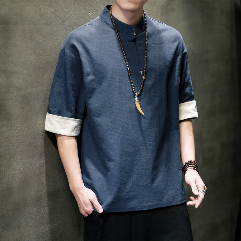 Buddha Stones Summer Tang Style Mandarin Collar Solid Men's Short Sleeve Shirts - image 1