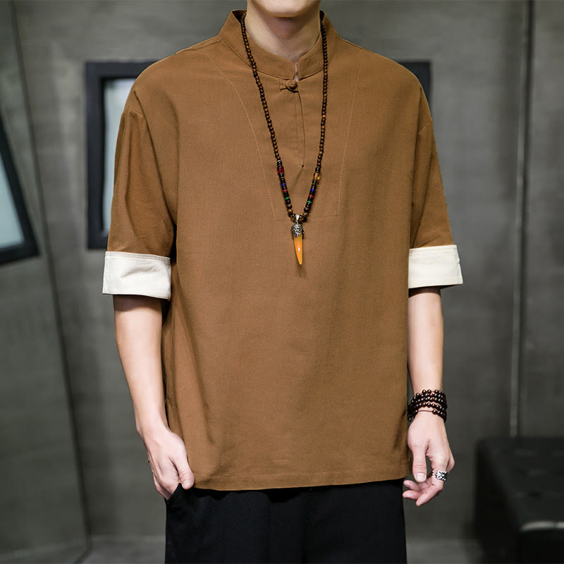 Buddha Stones Summer Tang Style Mandarin Collar Solid Men's Short Sleeve Shirts - image 11