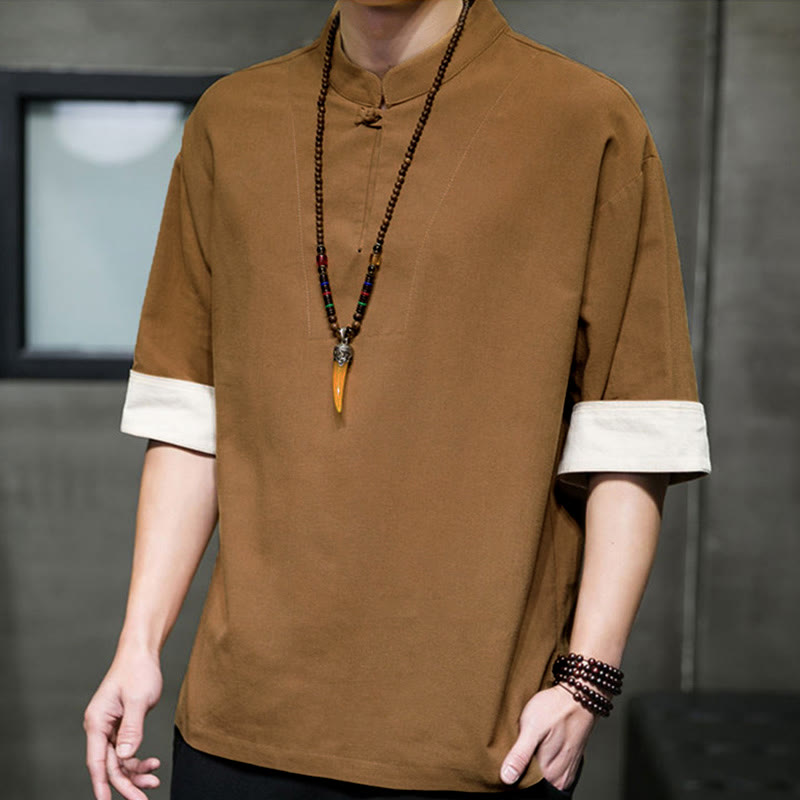 Buddha Stones Summer Tang Style Mandarin Collar Solid Men's Short Sleeve Shirts - image 12