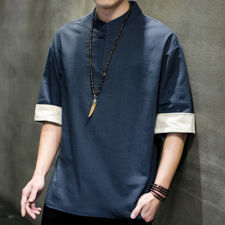 Buddha Stones Summer Tang Style Mandarin Collar Solid Men's Short Sleeve Shirts - image 7