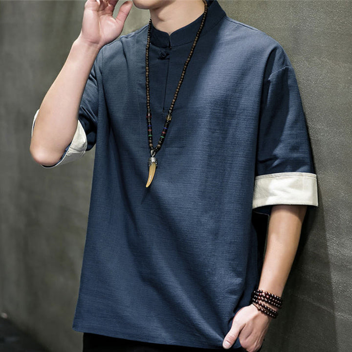 Buddha Stones Summer Tang Style Mandarin Collar Solid Men's Short Sleeve Shirts - image 3