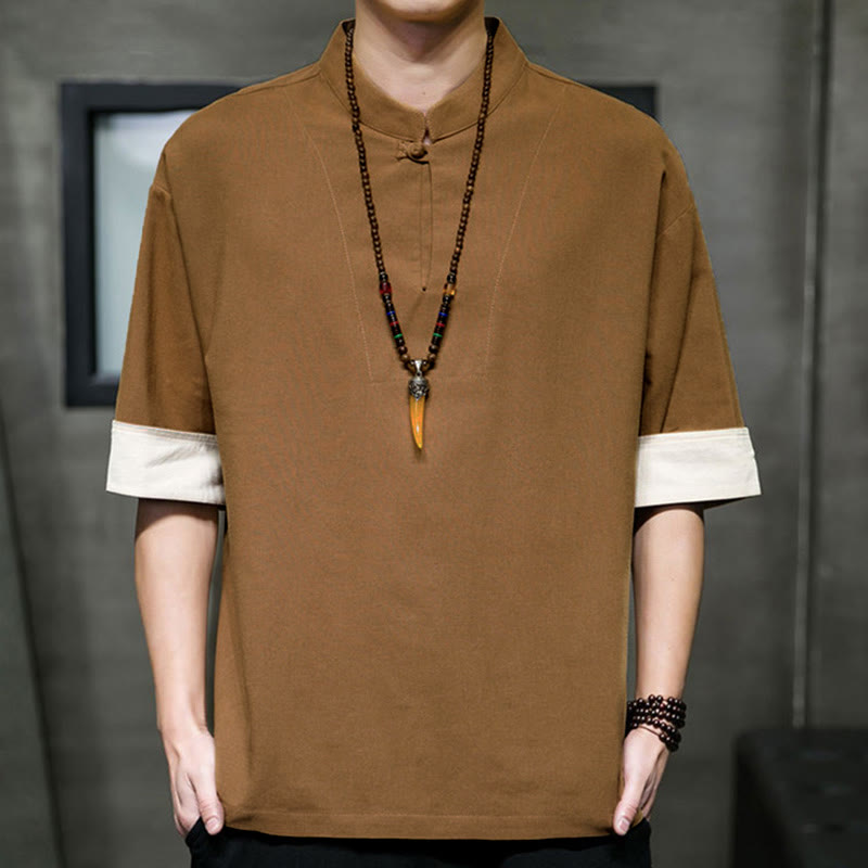 Buddha Stones Summer Tang Style Mandarin Collar Solid Men's Short Sleeve Shirts - Peru - US/UK/AU46, EU56 (5XL) - image 10