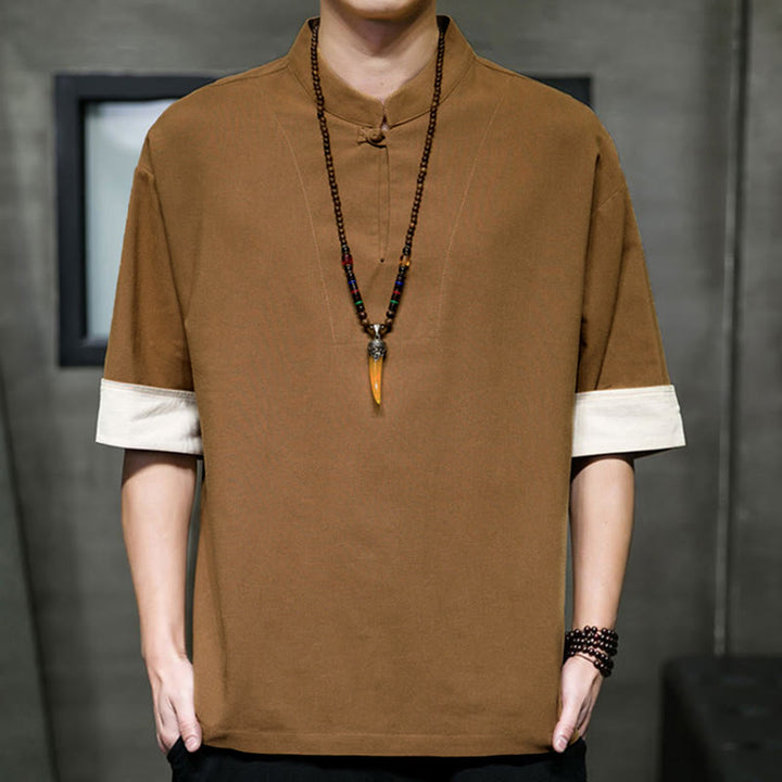 Buddha Stones Summer Tang Style Mandarin Collar Solid Men's Short Sleeve Shirts - Peru - US/UK/AU46, EU56 (5XL) - image 10