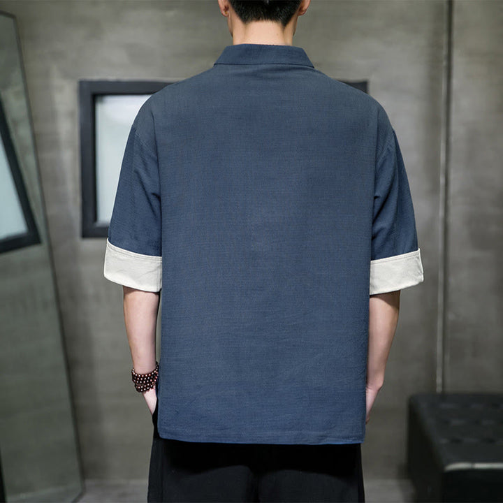Buddha Stones Summer Tang Style Mandarin Collar Solid Men's Short Sleeve Shirts - image 4