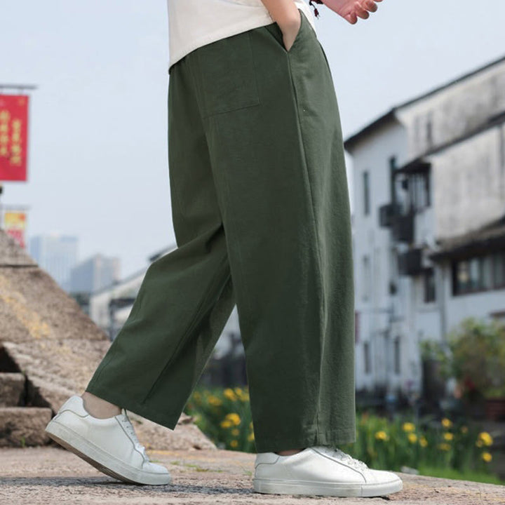 Buddha Stones Summer Casual Minimalist Drawstring Solid Cotton Long Pants Men's Harem Pants With Pocket - image 23