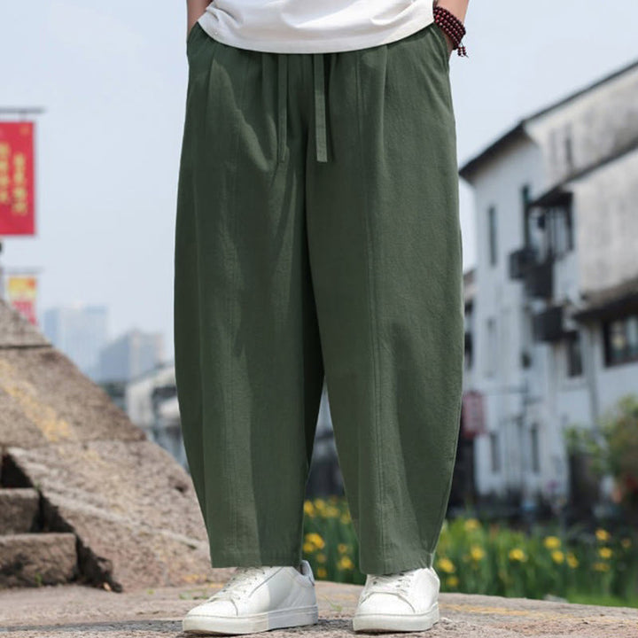 Buddha Stones Summer Casual Minimalist Drawstring Solid Cotton Long Pants Men's Harem Pants With Pocket - image 27