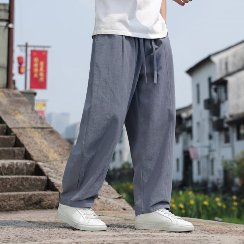 Buddha Stones Summer Casual Minimalist Drawstring Solid Cotton Long Pants Men's Harem Pants With Pocket - image 4