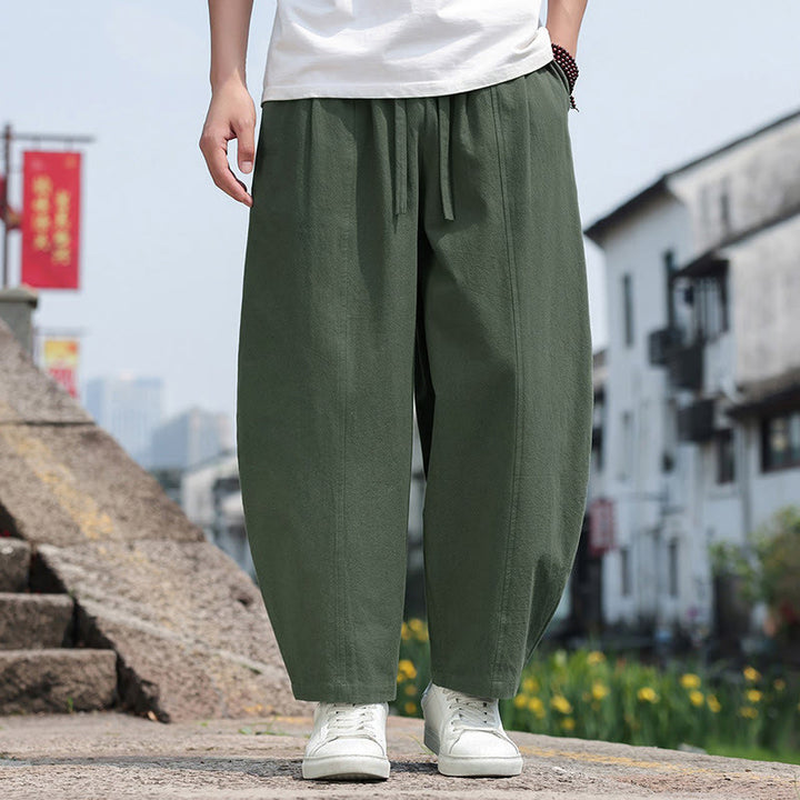 Buddha Stones Summer Casual Minimalist Drawstring Solid Cotton Long Pants Men's Harem Pants With Pocket - OliveDrab - US/UK/AU46, EU56 (5XL) - image 21