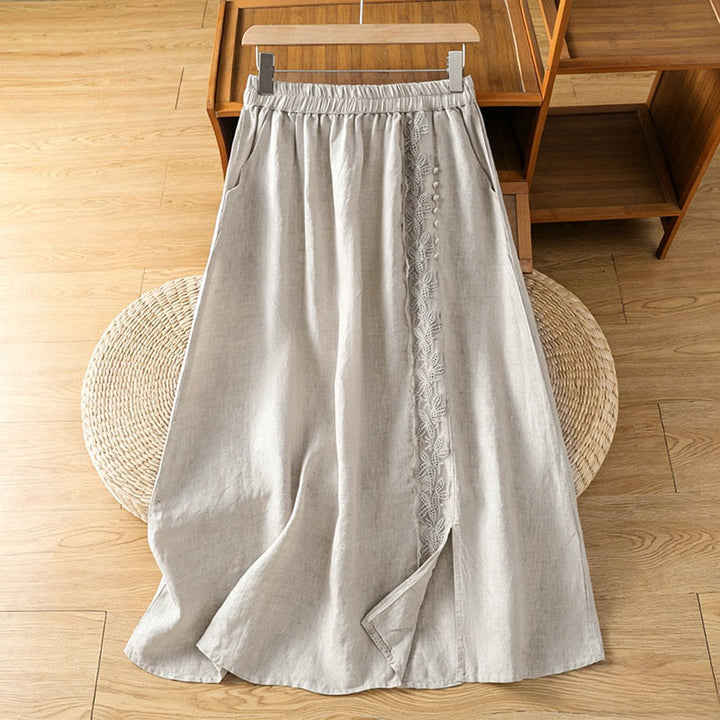 Buddha Stones Summer Casual Vintage Side Slit Solid Flowers Women's Skirts With Pocket - Beige - US8-10, UK/AU12-14, EU40-42 (2XL) - image 0