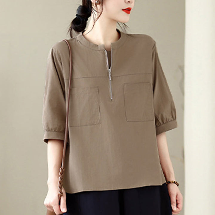 Buddha Stones Summer Minimalist Casual Quarter Zip Design Solid Women's Short Sleeve Shirts With Patch Pocket - image 3