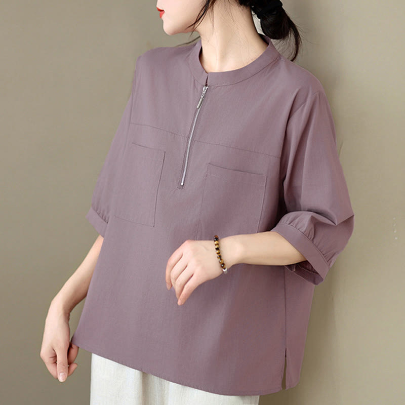 Buddha Stones Summer Minimalist Casual Quarter Zip Design Solid Women's Short Sleeve Shirts With Patch Pocket - image 12