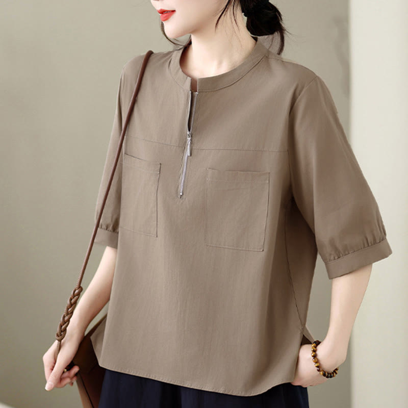 Buddha Stones Summer Minimalist Casual Quarter Zip Design Solid Women's Short Sleeve Shirts With Patch Pocket - image 5