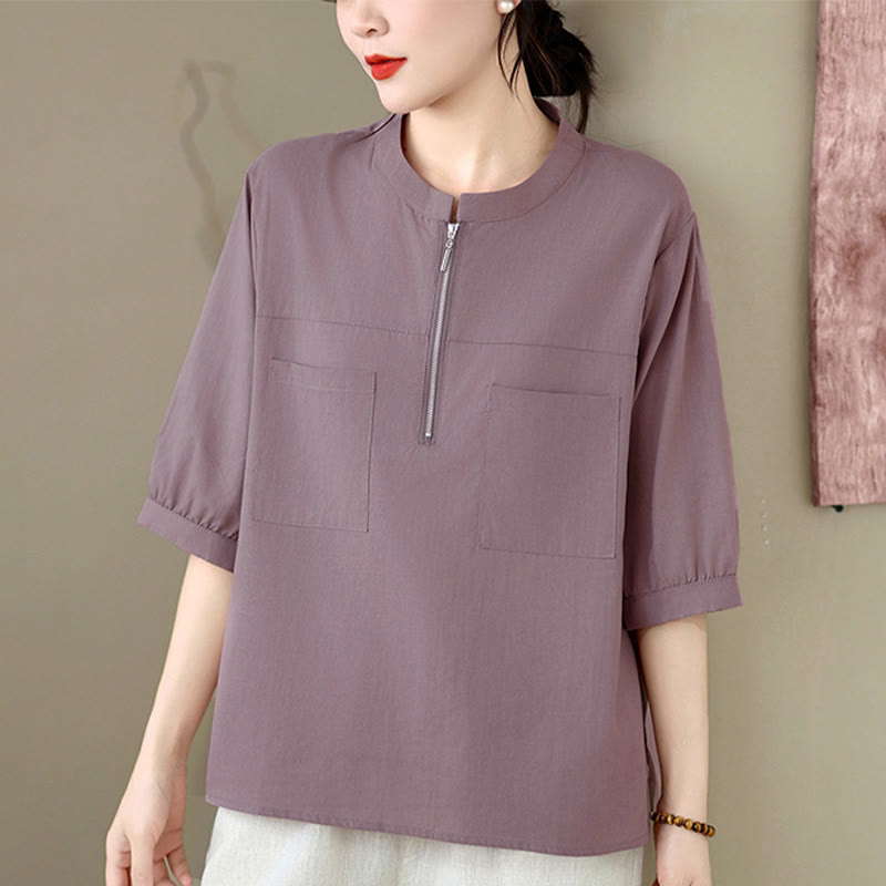 Buddha Stones Summer Minimalist Casual Quarter Zip Design Solid Women's Short Sleeve Shirts With Patch Pocket - image 15