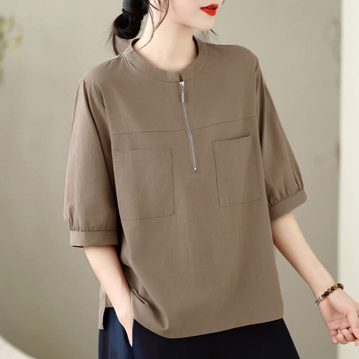 Buddha Stones Summer Minimalist Casual Quarter Zip Design Solid Women's Short Sleeve Shirts With Patch Pocket - image 1