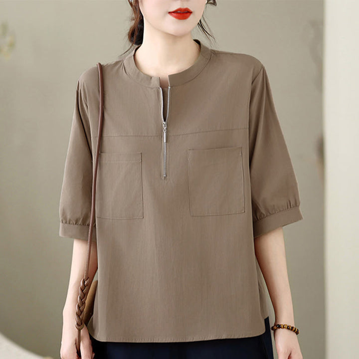 Buddha Stones Summer Minimalist Casual Quarter Zip Design Solid Women's Short Sleeve Shirts With Patch Pocket - Tan - US12, UK/AU16, EU44 (2XL) - image 0