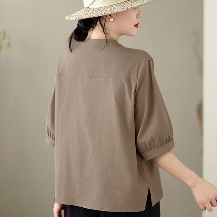 Buddha Stones Summer Minimalist Casual Quarter Zip Design Solid Women's Short Sleeve Shirts With Patch Pocket - image 2