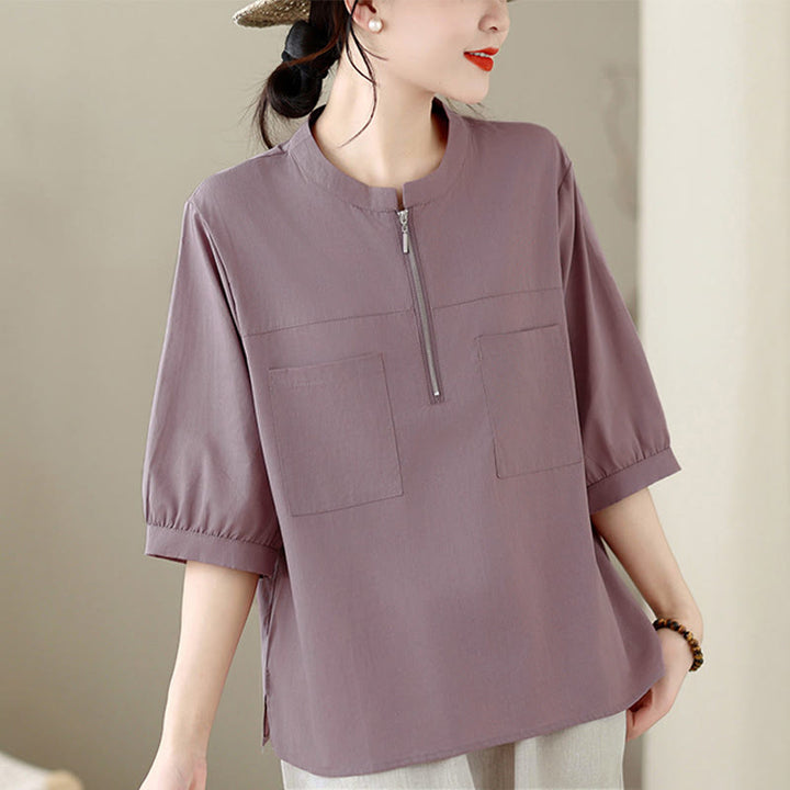 Buddha Stones Summer Minimalist Casual Quarter Zip Design Solid Women's Short Sleeve Shirts With Patch Pocket - Thistle - US12, UK/AU16, EU44 (2XL) - image 11