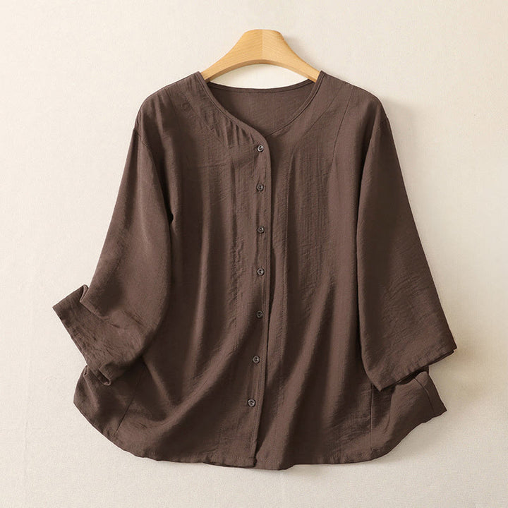 Buddha Stones Summer Casual Minimalist Button-Up Solid Women's Long Sleeve Shirts - SaddleBrown - US12, UK/AU16, EU44 (3XL) - image 17