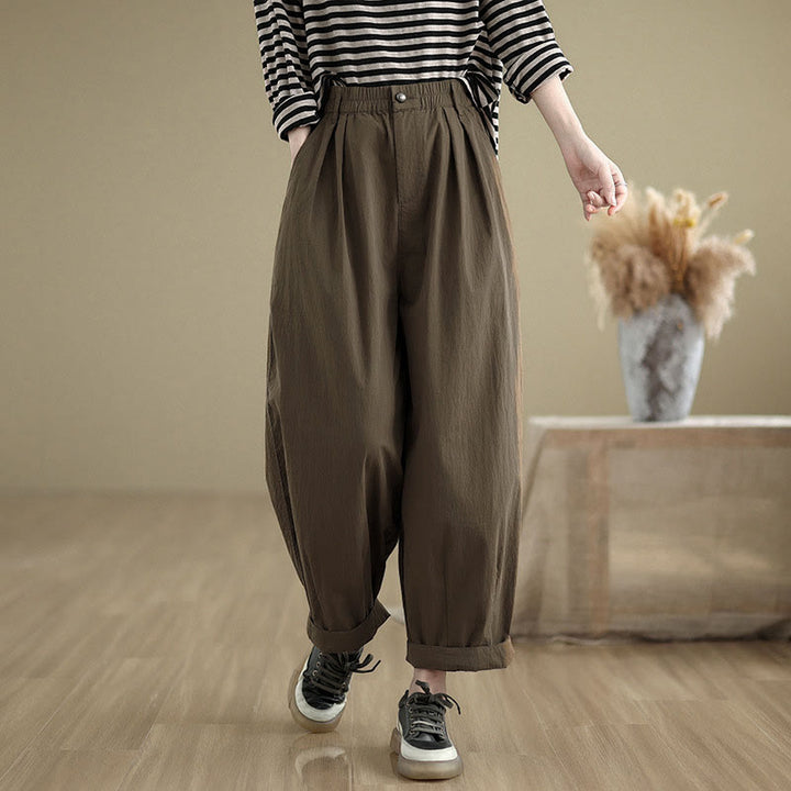 Buddha Stones Casual Solid Color One Top Button Elastic Waistband Women's Pants With Pockets - image 5