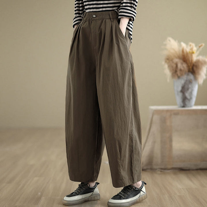 Buddha Stones Casual Solid Color One Top Button Elastic Waistband Women's Pants With Pockets - image 4