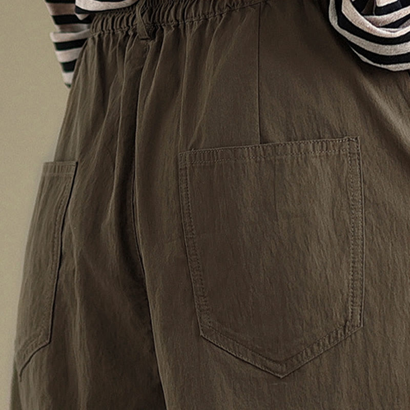 Buddha Stones Casual Solid Color One Top Button Elastic Waistband Women's Pants With Pockets - image 9