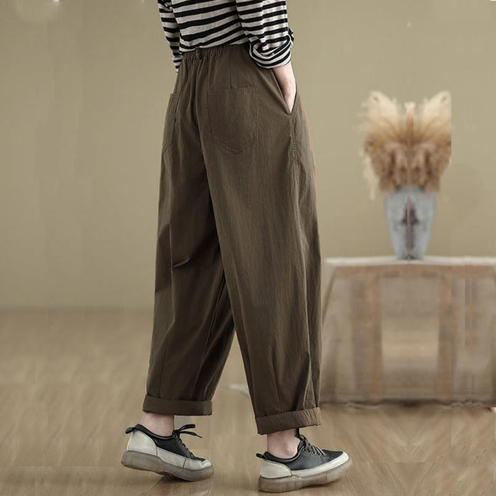 Buddha Stones Casual Solid Color One Top Button Elastic Waistband Women's Pants With Pockets - image 3