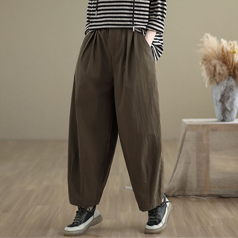 Buddha Stones Casual Solid Color One Top Button Elastic Waistband Women's Pants With Pockets - image 2