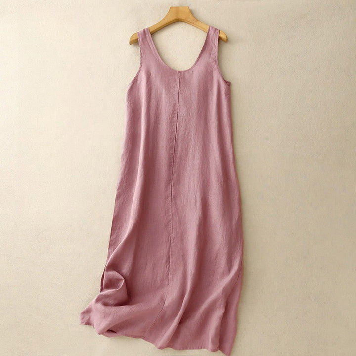 Buddha Stones Summer Daily Casual Pure Color Crew Neck Simple Design Sleeveless Midi Dress With Pockets - PaleVioletRed - US12，UK/AU16，EU44 (2XL) - image 0