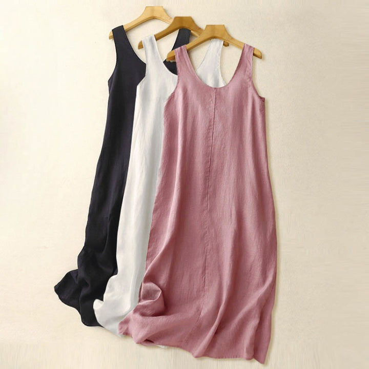 Buddha Stones Summer Daily Casual Pure Color Crew Neck Simple Design Sleeveless Midi Dress With Pockets - image 16