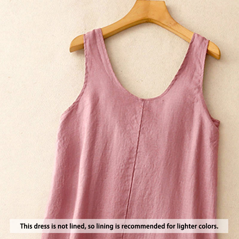 Buddha Stones Summer Daily Casual Pure Color Crew Neck Simple Design Sleeveless Midi Dress With Pockets - image 1