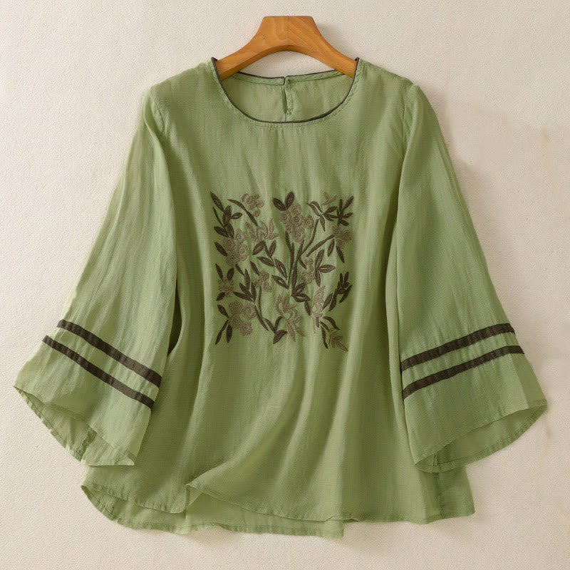 Buddha Stones Retro Embroidery Floral Three Quarter Sleeve Women's T-Shirt - LightGreen - US8-10，UK/AU12-14，EU40-42 (2XL) - image 16