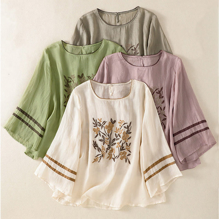 Buddha Stones Retro Embroidery Floral Three Quarter Sleeve Women's T-Shirt - image 31