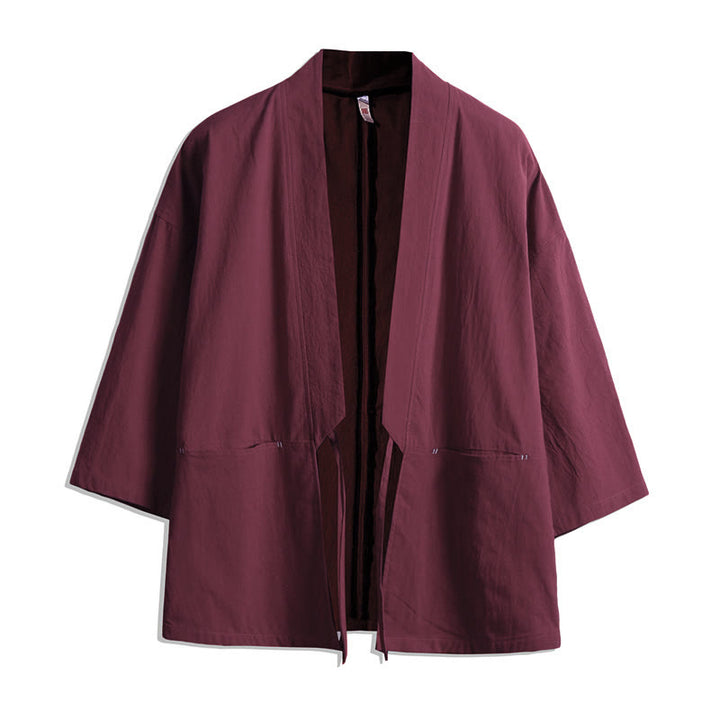 Buddha Stones Solid Color Lace-up Three Quarter Sleeve Open Front Jacket Men's Kimono - IndianRed - US/UK/AU48，EU58(5XL) - image 6