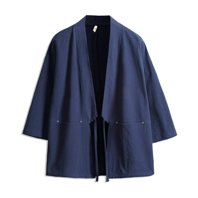 Buddha Stones Solid Color Lace-up Three Quarter Sleeve Open Front Jacket Men's Kimono - SteelBlue - US/UK/AU48，EU58(5XL) - image 0