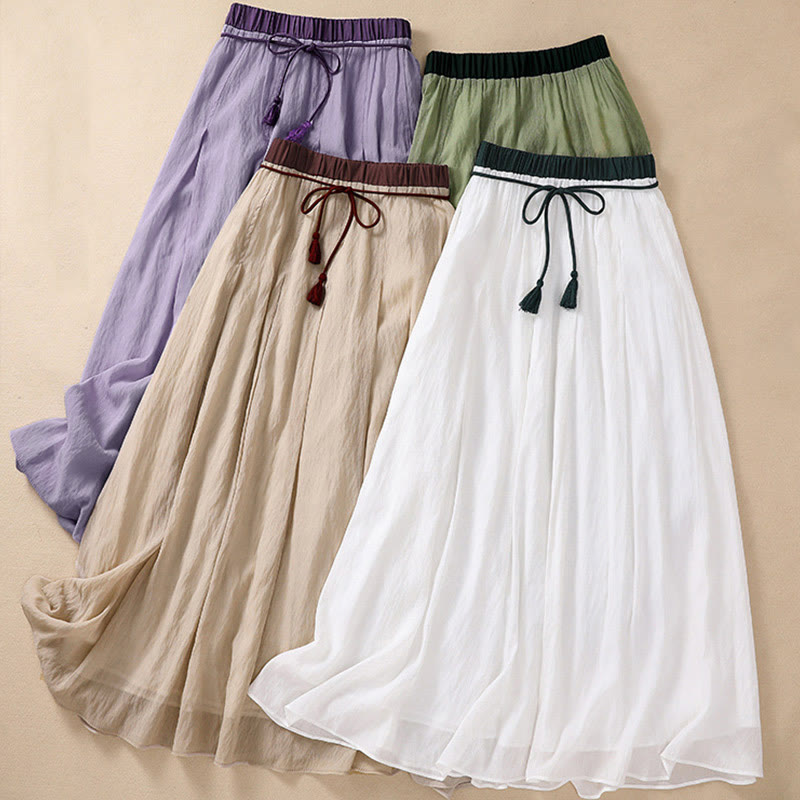Buddha Stones Casual Contrasting Color Pleated Lace-Up Design Women's 7-8 Length Skirt - image 33