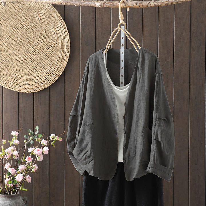 Buddha Stones Pure Color V-neck Women's Jacket With Pockets - DarkGray - US14，UK/AU18，EU46 (2XL) - image 23
